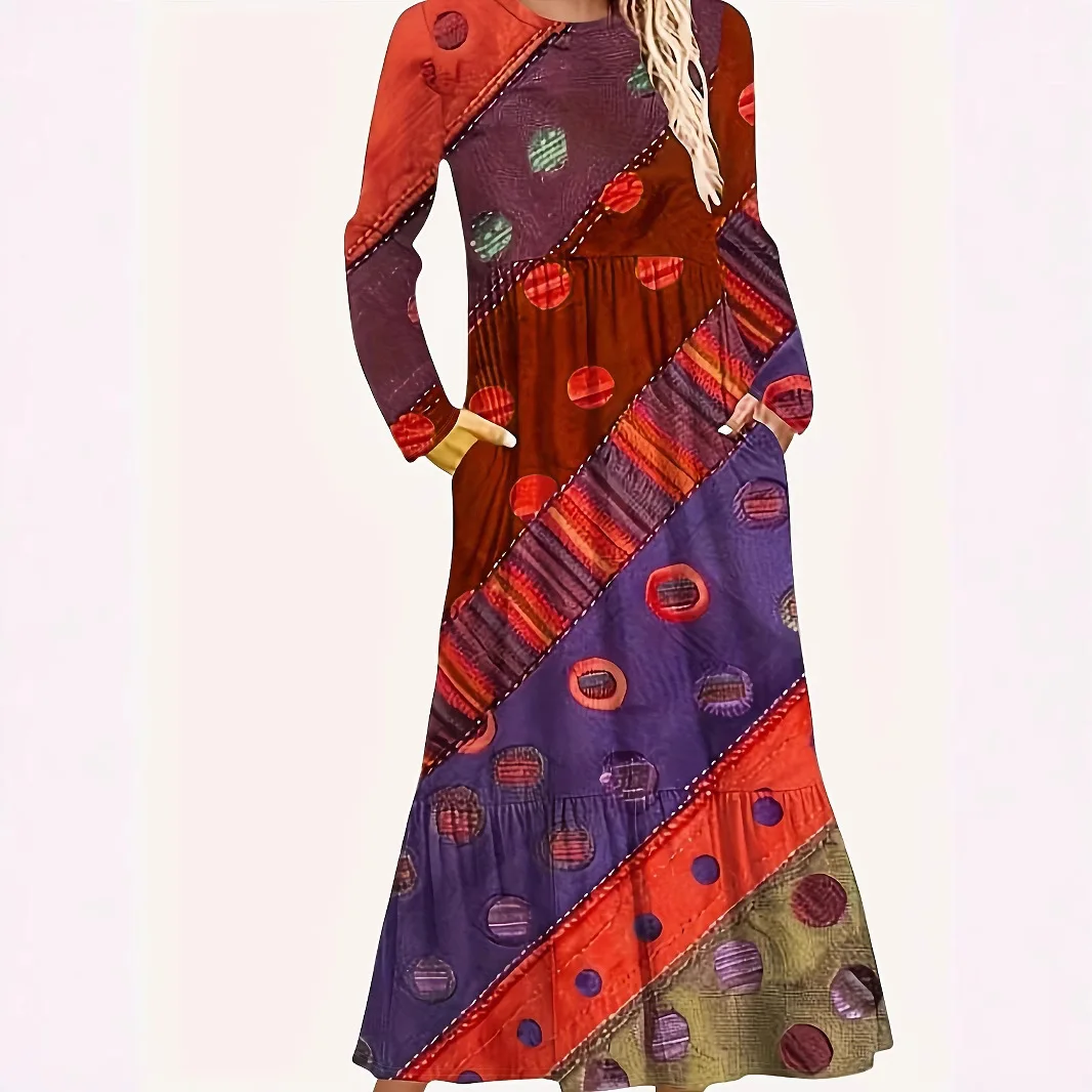 

Women's Plus Size Dress Spring and Autumn Round Neck Casual Fashion Personality Elegant Printed Long Sleeve Long Dress