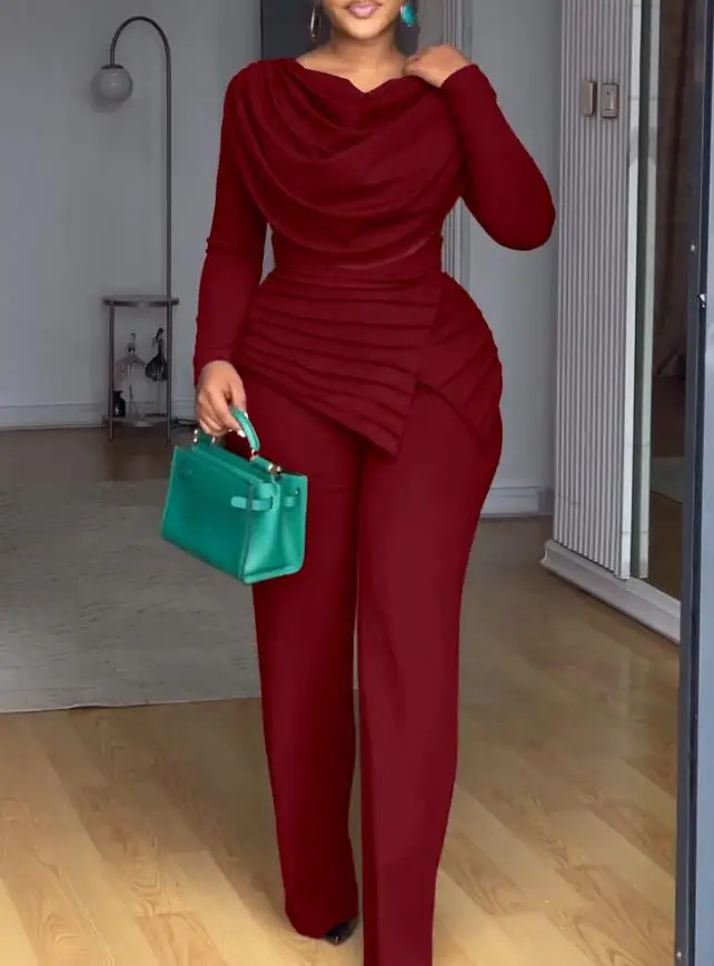 

Cowl Neck Patchwork Jumpsuit Ruched Detail Casual Cinched Waist Straight Leg Zipper Back Design Women's Fashion