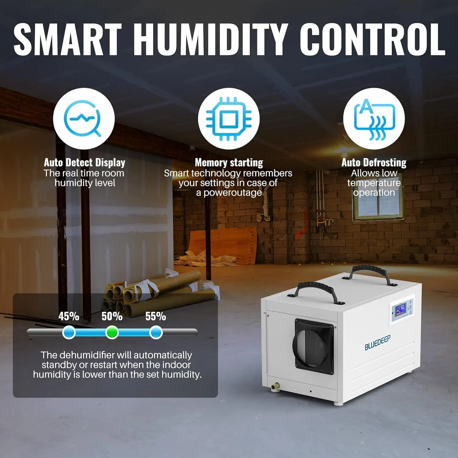 Crawl Space Dehumidifier,145 Pints (Saturation) 70 Pints Auto Defrost Commercial Dehumidifier with Drain Hose for Water