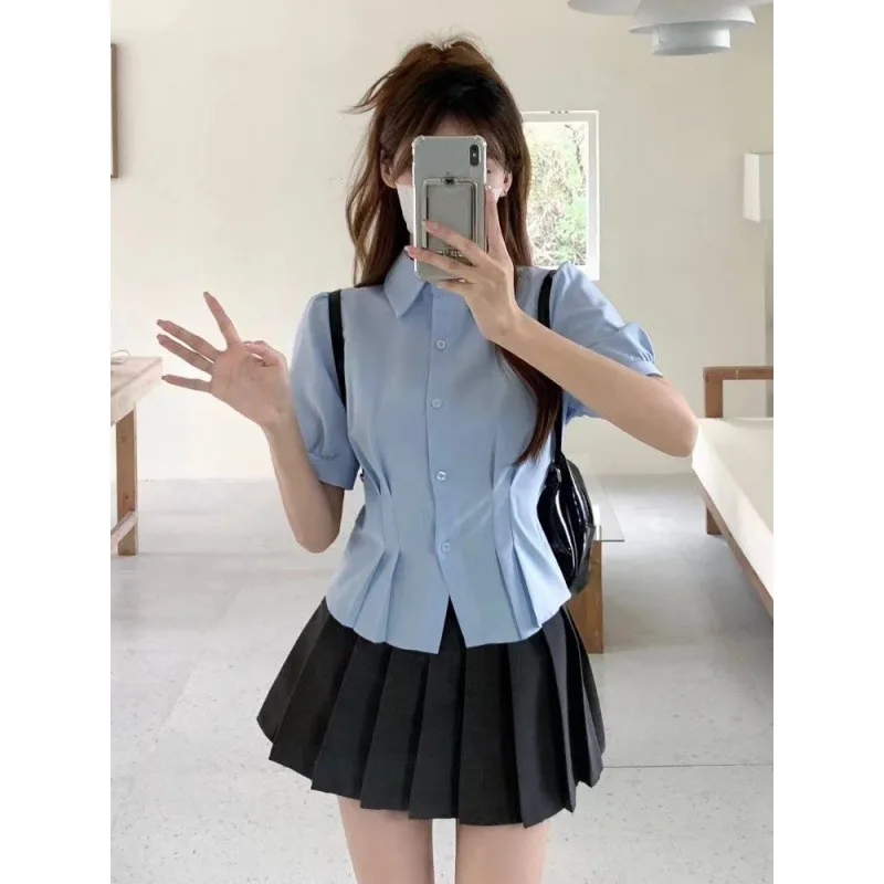 

White Shirts Women Korean Style Buttons Folds Slim Fit Crop Tops Female All-Match Daily Design Office Short Sleeve Chic Blouses