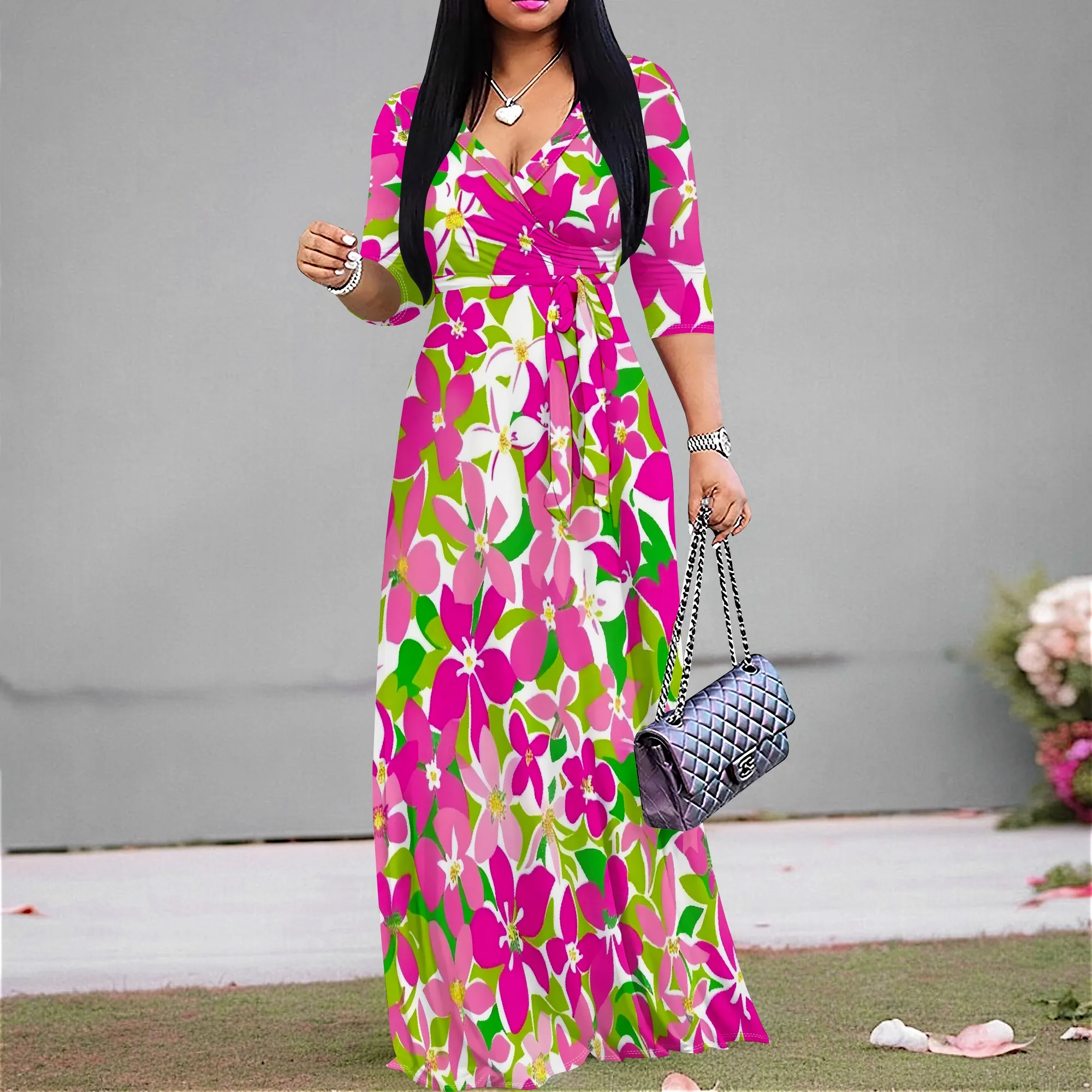 

Tropical Floral Maxi Dress Pink Green V-Neck Tie Waist Vacation Beach Party Summer Dress S-3XL