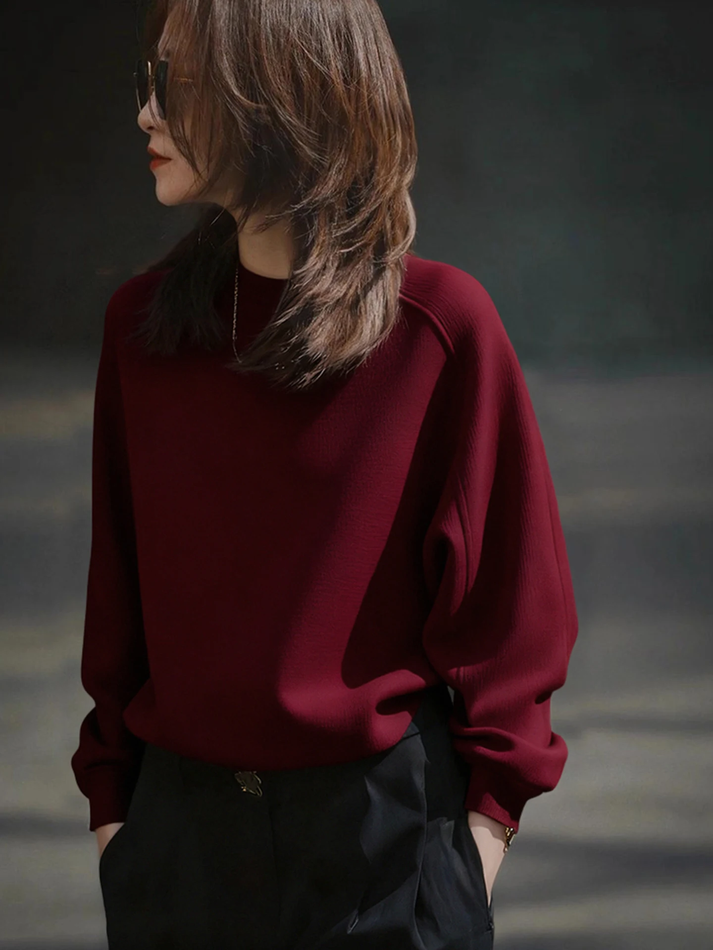 

Comfortable Women's Long Sve Hoodie Slimming Red Base irt Commute Sle Korean Version Regular Fit Soft Medium Knitted Top