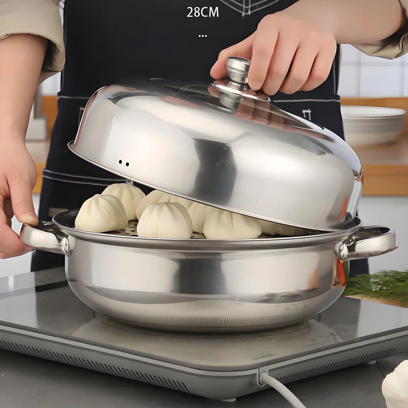 28cm Double Layer Stainless Steel Cooking Pot, Steamer & Hot Pot 2 in 1, Thickened Bottom, Anti-scald Handles for Family Kitchen