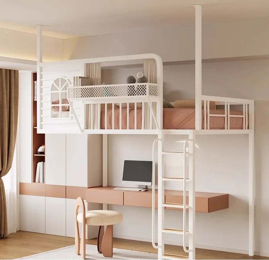 New iron elevated bed, space-saving, small-sized loft bed, multi-functional loft bed