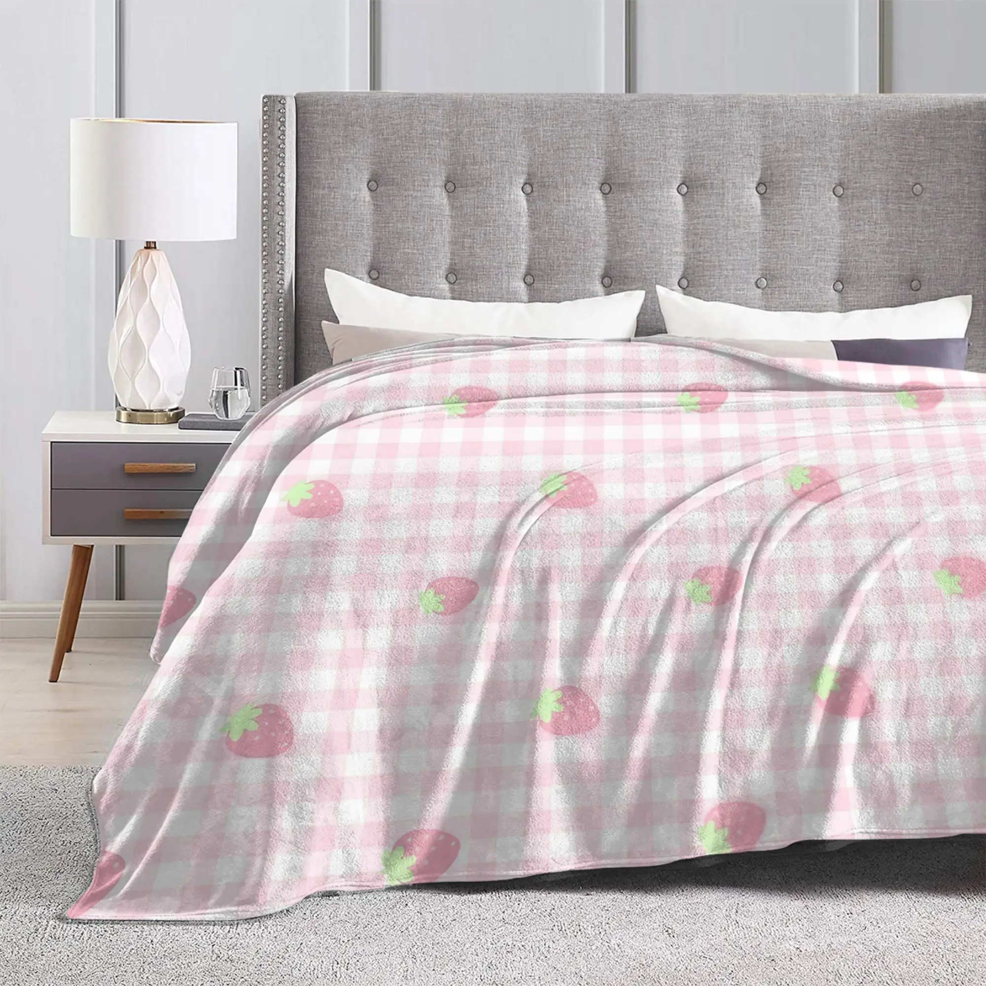 Pink Strawberry Gingham Kawaii Pastel Picnic Blankets  Flannel Awesome Warm Throw Blankets for Bedding Lounge Textile Decor