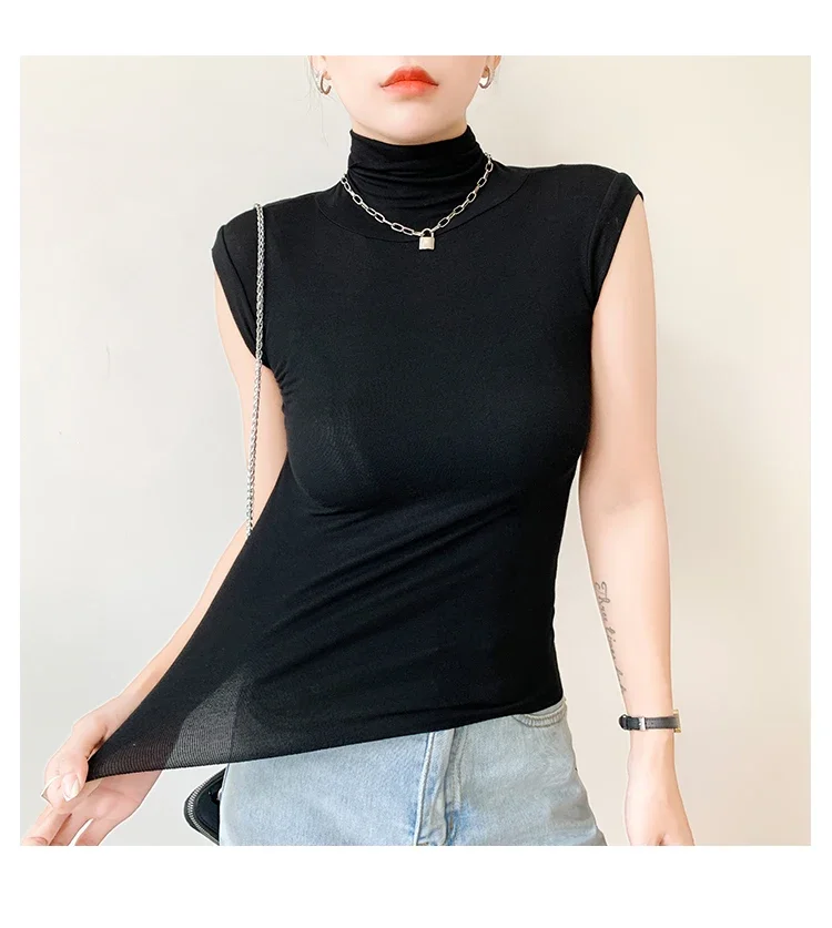 2026 Frühling Sommer Ärmelloses Rollkragen-T-Shirt für Damen Trendiges Vielseitiges Layering-Oberteil Stylisches Slim-Fit Basic-Unterhemd für Frauen – Detail 36