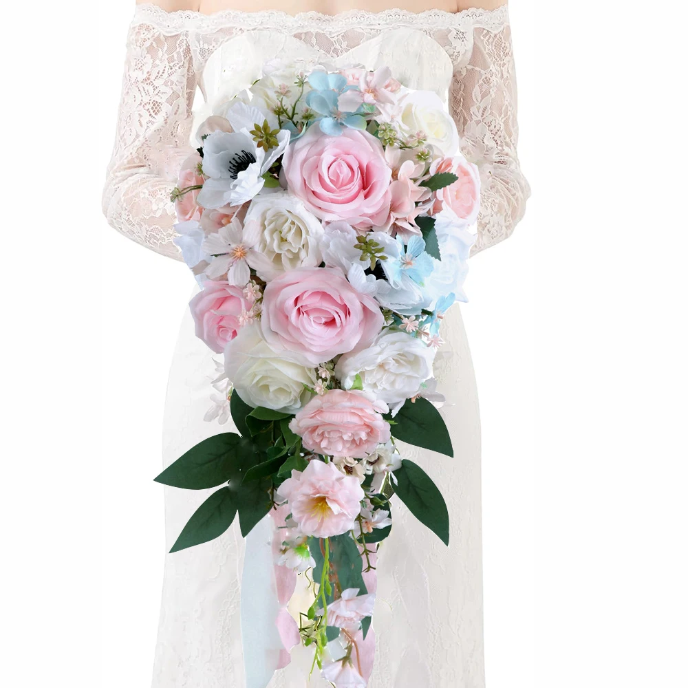 

Yannew Pink Waterfall Wedding Bridal Bouquets Blue Artificial Rose Flowers Cascading Bouquet for Rustic Wedding Ceremony Decor