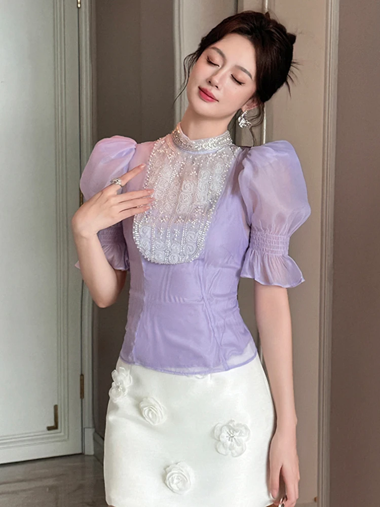 Abbigliamento donna Camicia in chiffon dolce viola con maniche a sbuffo Elegante signora di lusso Sheer Sexy Mujer Slim Top Camicetta casual Moda Estate