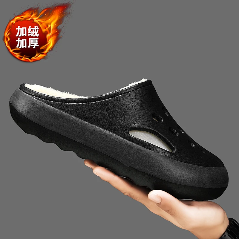 داخلي المنزل أحذية قطنية شتاء دافئ أفخم الفراء قباقيب لينة نصف أحذية للرجال النساء عارية الذراعين الصنادل المطاطية حديقة الأحذية