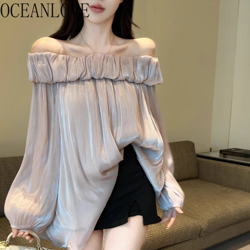 

OCEANLOVE Woman Shirts&blouses Slash Neck Solid Spring Autumn Elegant Blusas Feminina Korean Fashion Sexy Loose Camisas