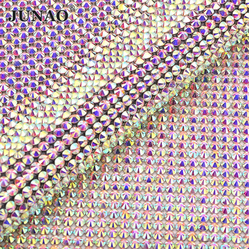 

JUNAO 24*40cm Crystal AB Clear Top Quality Hotfix Glass Rhinestone Mesh Crystal Fabric Sheet Strass Ribbon For Wedding Dress