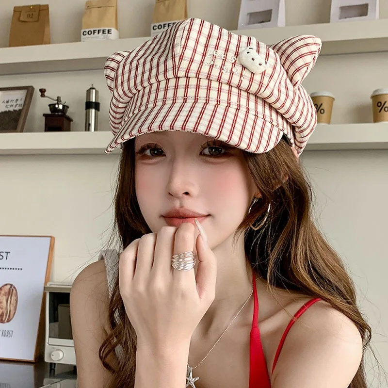 Sweet Girl Pink Stripe Cat Ear Newsboy Hat Women Cute Bear Newsboy Hat Kawaii Soft Brim Octagonal Cap for Teenage Girls