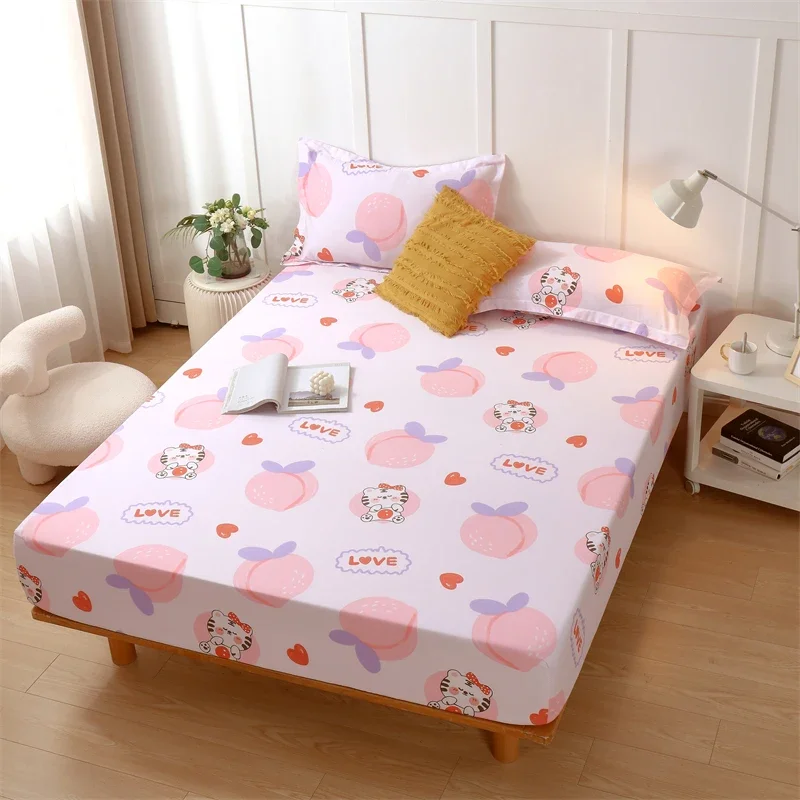 Cute Cartoon Little Tiger Fitted Sheet with 2 Pillowcase Cotton Watercolor Kawaii Peach Love Heart Bed Sheet for Girl Room Decor