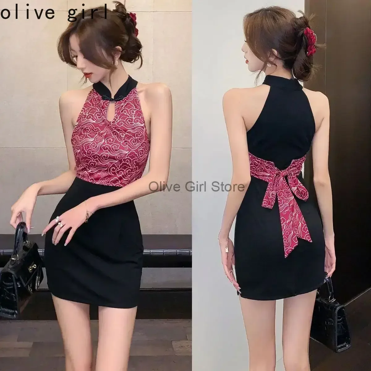 Large Size Qipao Contrasting Color Sexy Cheongsam Hanging Neck Dress Elegant Summer Improved Bodycon Dress