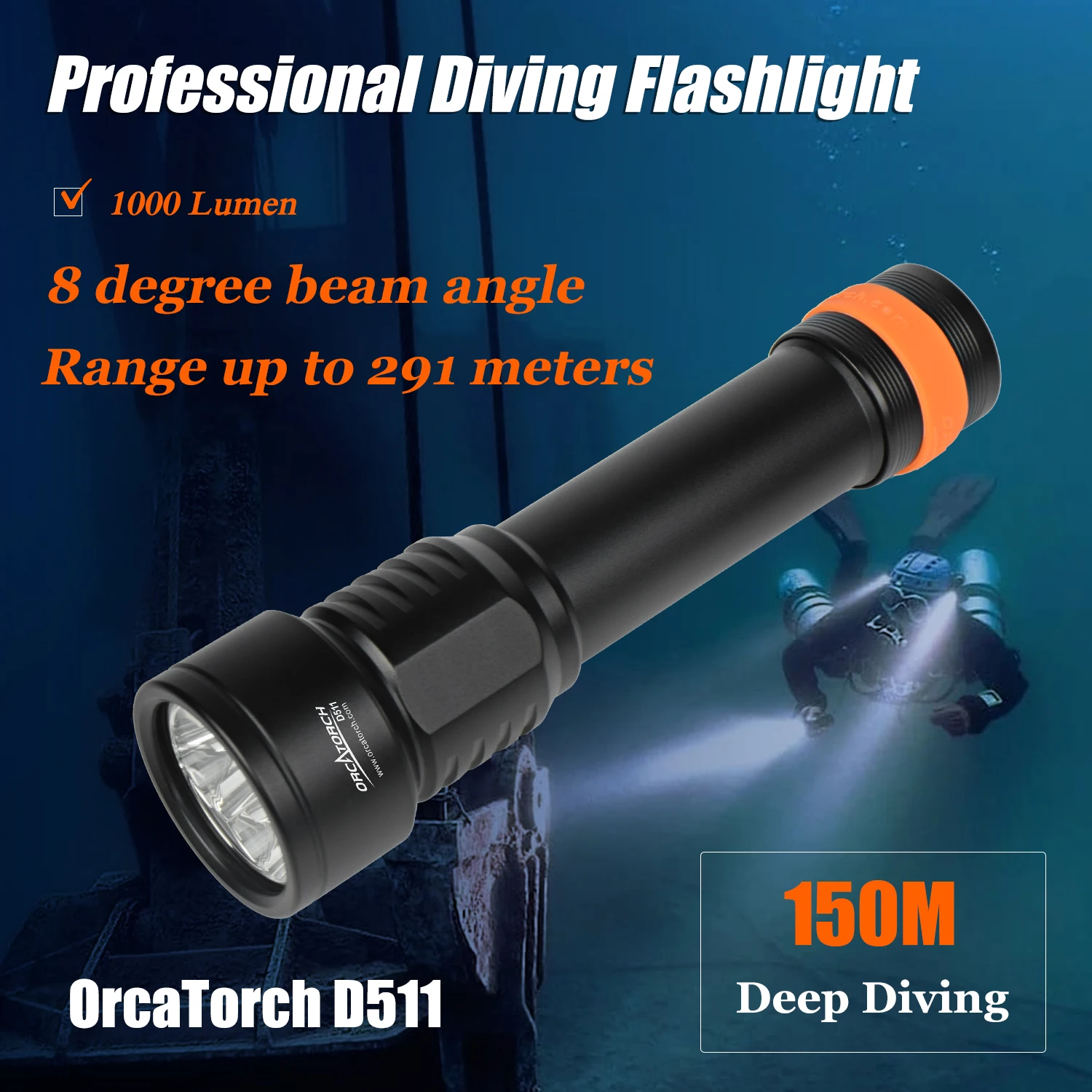 OrcaTorch D511 Powerful Scuba Diving Underwater Lantern LED Rechargeable Diving Torch Light Professional Technical Flashlights