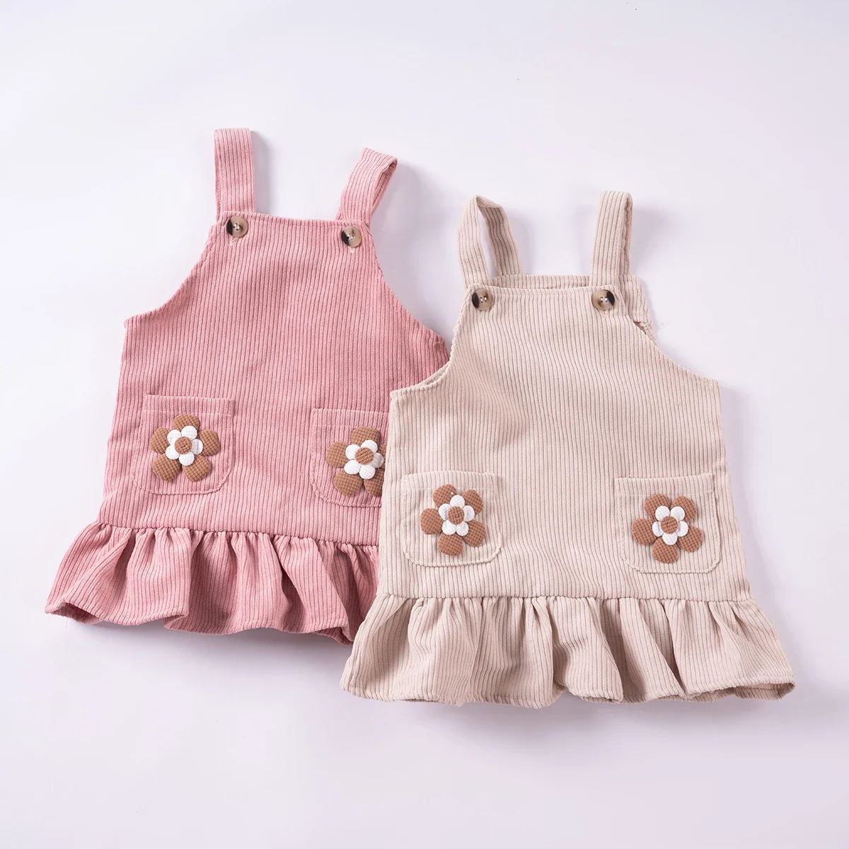 Cute Girls Camisole Dress With Two Little Flowers Corduroy For Early Spring and Autumn Outfit Dress Casual Toddler Kids Clothes