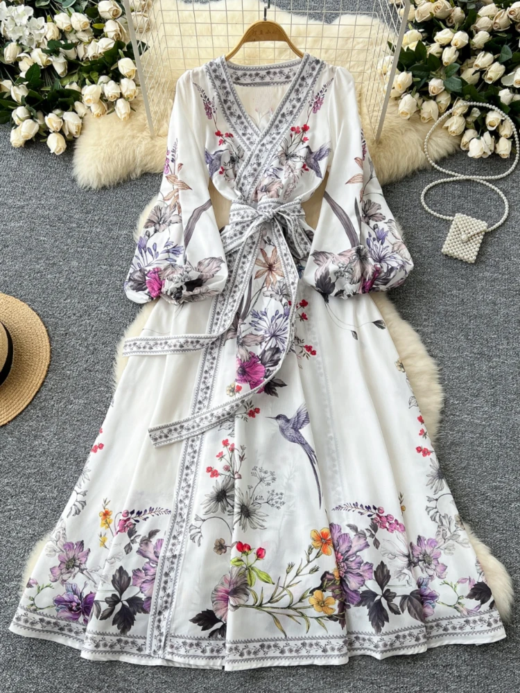 Floral Woman Dress Party V Neck Bandage Robe Vestido Femme Bohemian Slim Waist Temperament Maxi Dress 2024 Vestidos De Mujer WJ