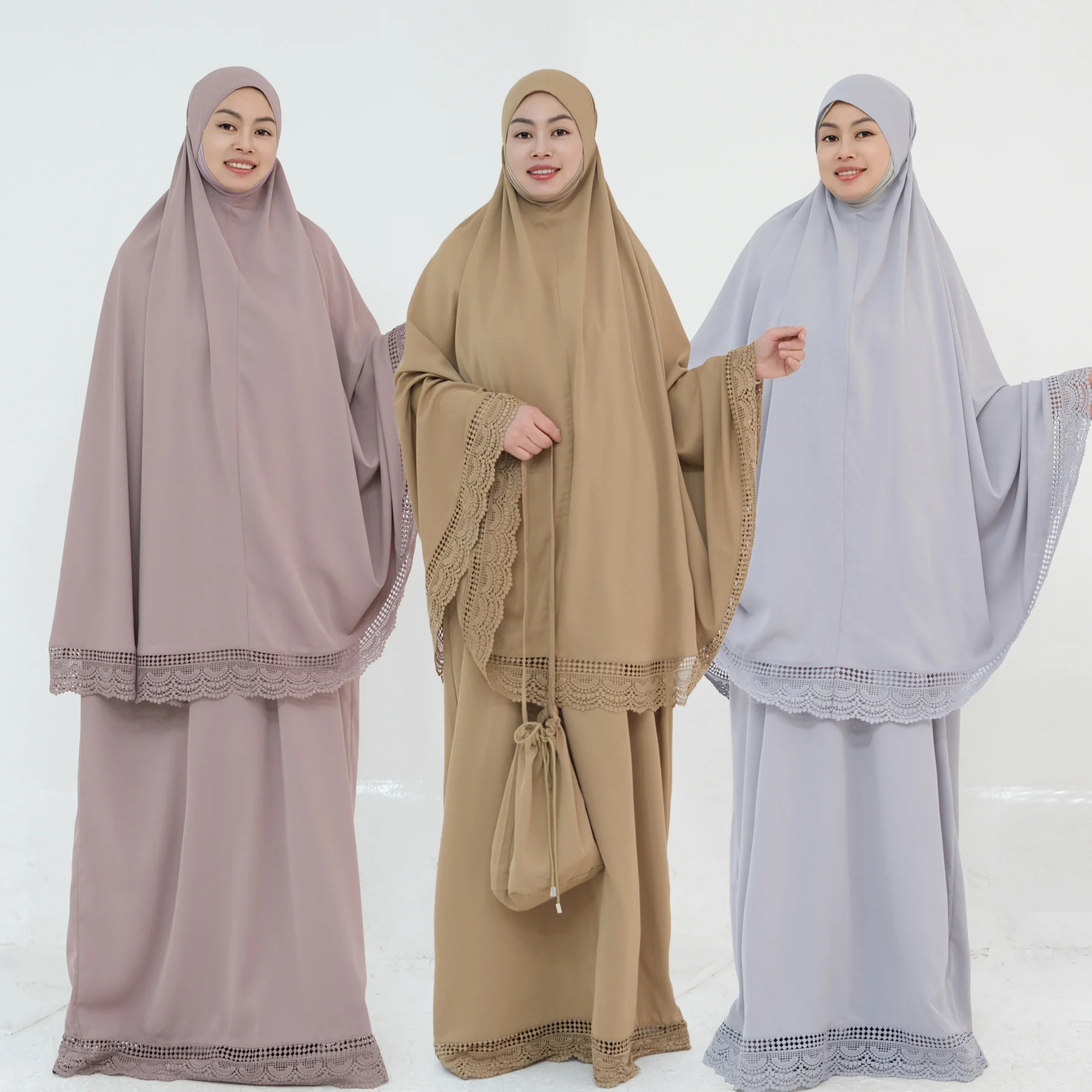 Hijabi-Gebetsset mit Spitzenbesatz, 4-teilig, muslimische Frauen-Set für Salah, Abaya Khimar mit fester Kappe + extra langer Rock + Gebetsteppich + Beutel