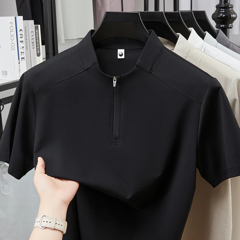 Herren Kurzarm-Poloshirts mit Halbem Reißverschluss und Stehkragen Lässige Sommer-Oberteile Leichte Atmungsaktive Hemden für Männer – Detail 17