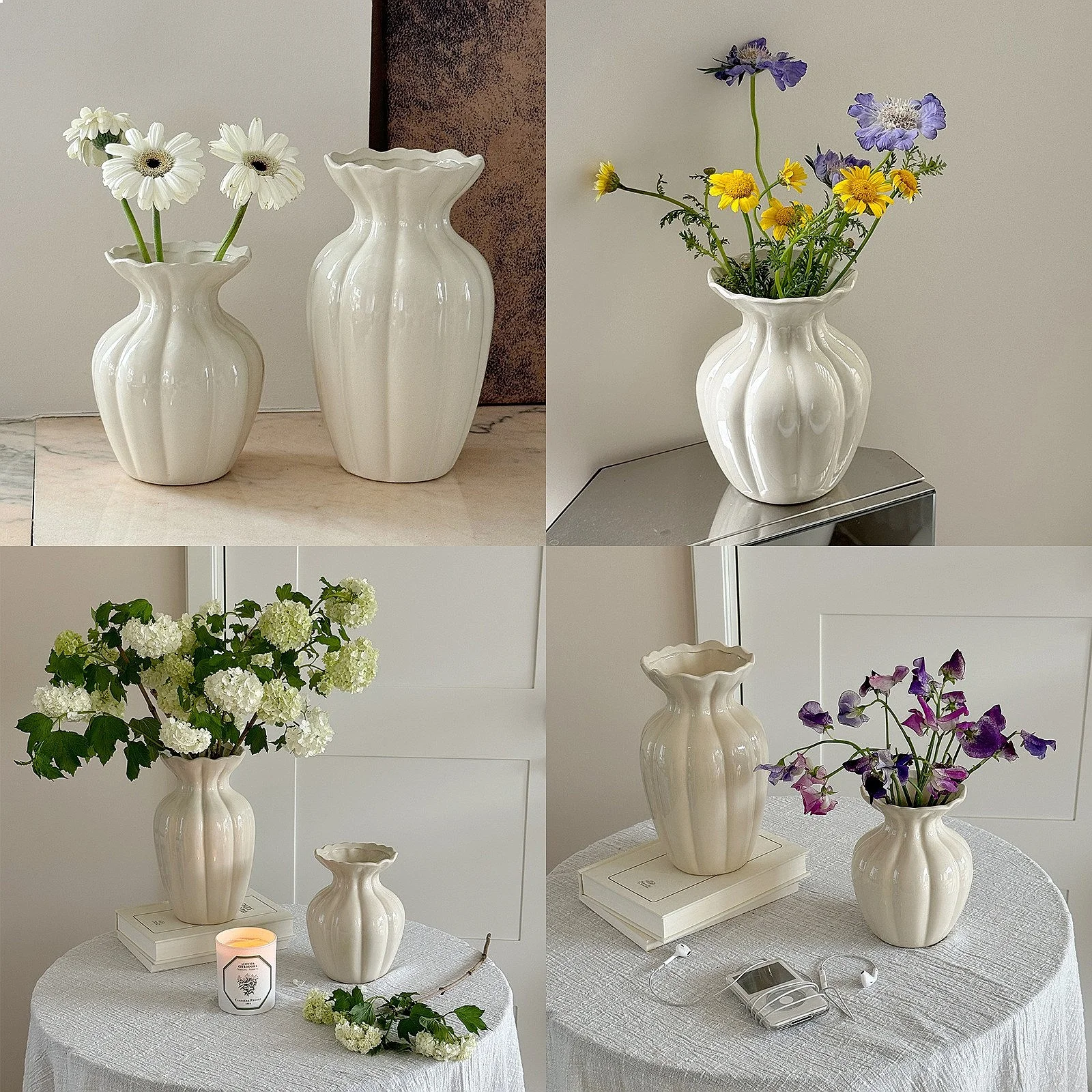 Luxury Cream Style Ceramic Vase French Elegant Flower Holder Creative Desktop Ornament for Home Living Room Bedroom Decor