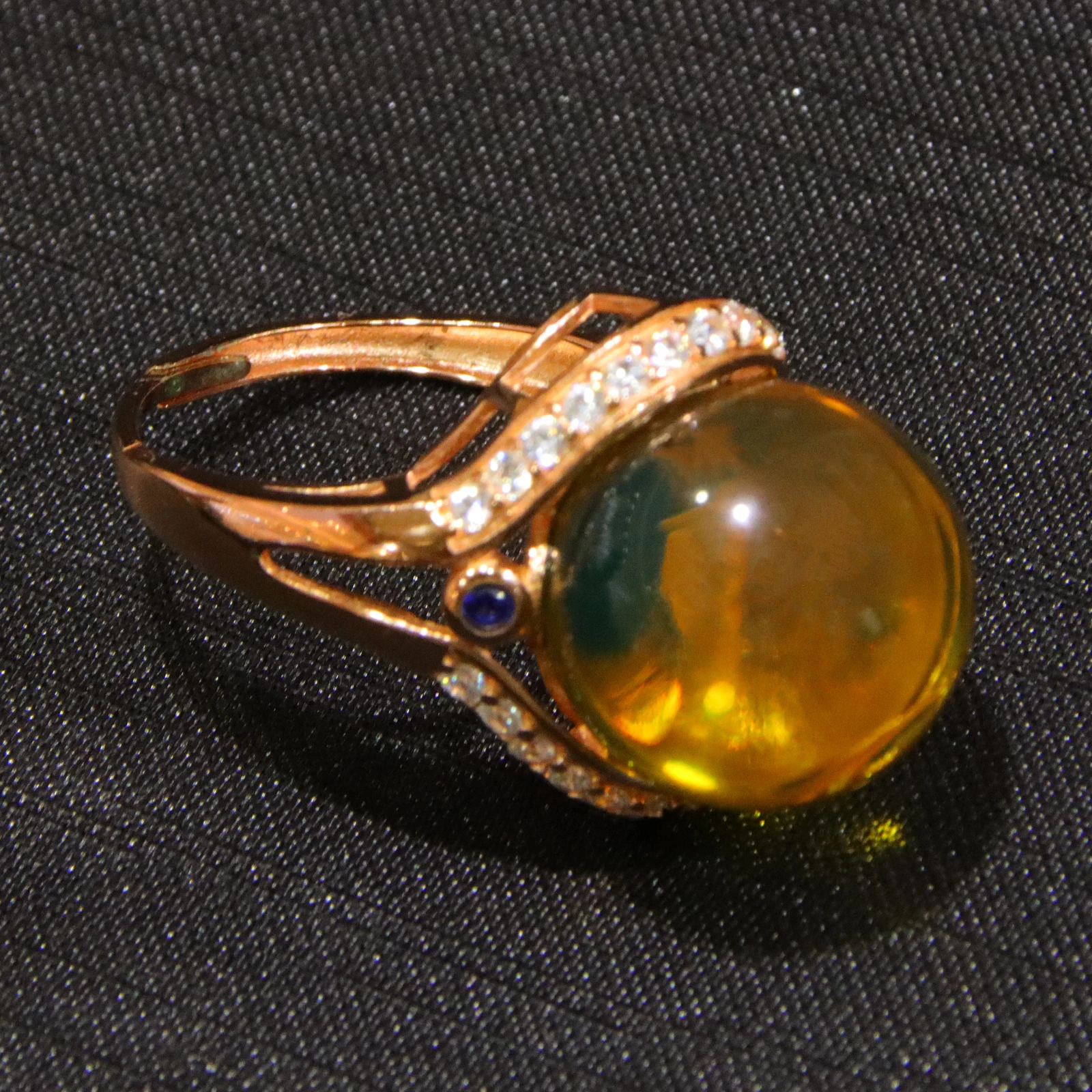 خاتم كهرمان أزرق 15.5 ملم من الفضة الإسترليني مطلي بالذهب الوردي مقاس قابل للتعديل للنساء هدية لمجوهرات حب عيد الحب