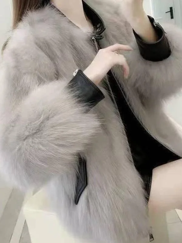 

Trendy ort PU Leather Fur Jaet Women's Winter New Korean Sle Splicing Haening Coat Warm Casual Sle for Middle-Aged An...