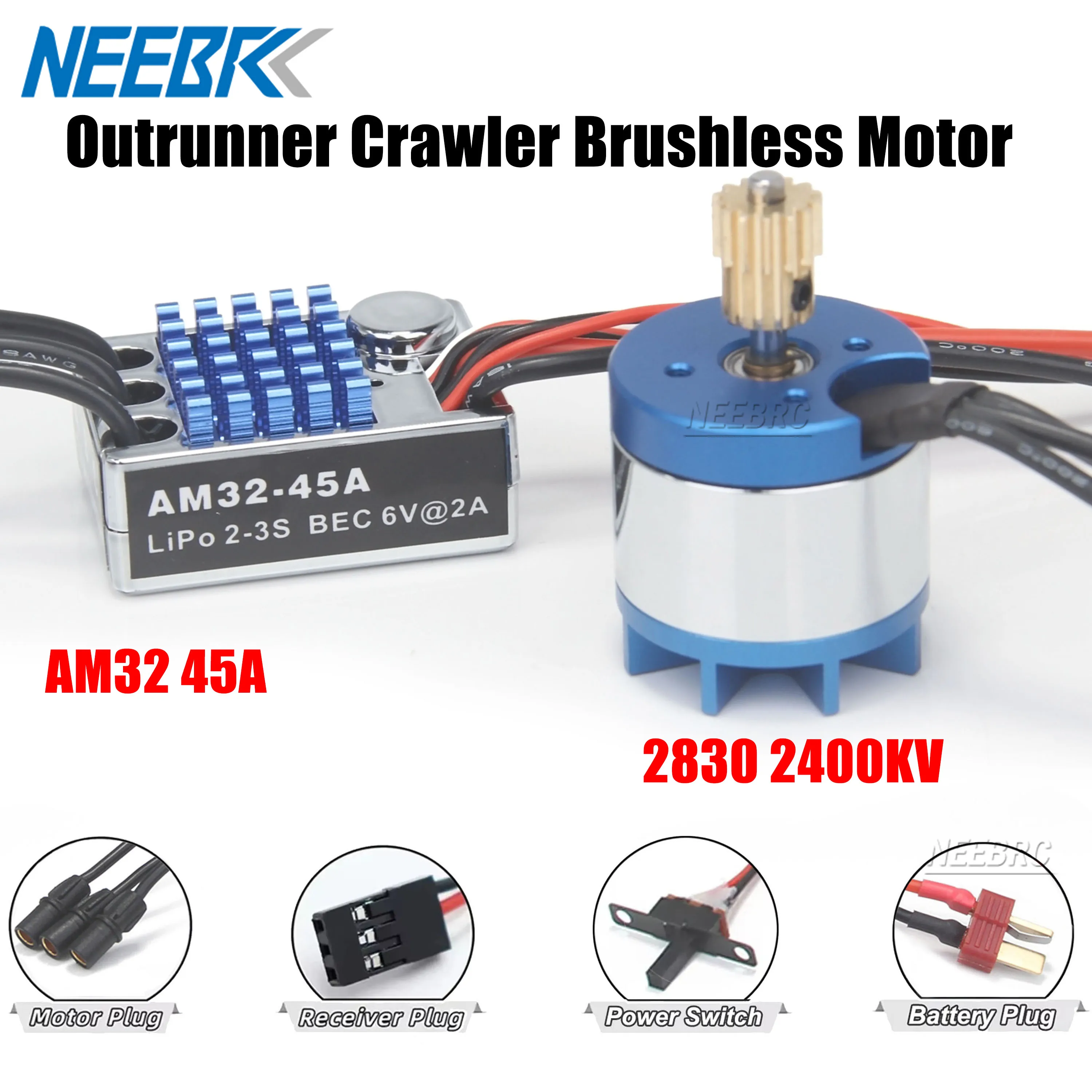 NEEBRC 2830 2400KV Crawler Bürstenloser Motor Outrunner mit 14T Getriebe 45A ESC BEC T für 1/12 RC MN128 Off Road Modellauto Klettern