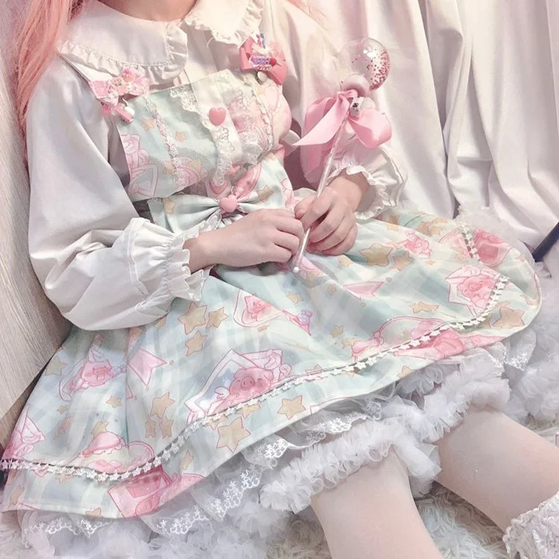 Frauen Lolita japanischen Riemen Kleid süß und kawaii süßes Kleid Retro viktoria nischen Gothic Cartoon ärmellose Schleife Spitze Prinzessin Kleid