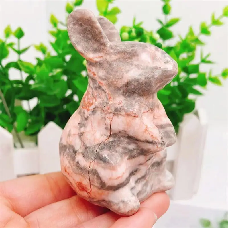 

Natural Pink Zebra Stone Rabbit Crystal Animal Carving Crafts Healing Energy Stone Cute Home Ornaments Children Gift 1PCS