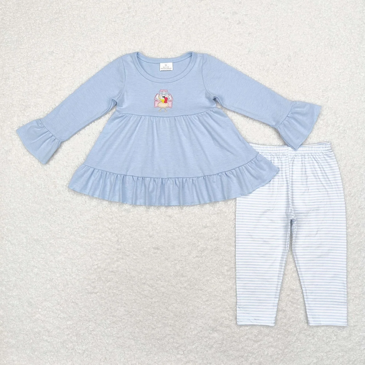 

Wholesale Kids Toddler Thanksgiving Outfit Baby Girl Blue Long Sleeves Embroidery turkey Tops Infant Children Stripes Pants Set