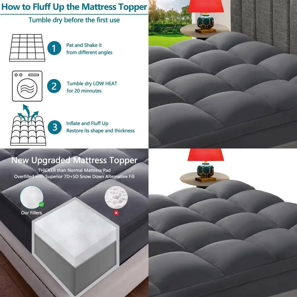 

Thick Pillow Top Mattress Topper for Back Pain Relief, Cooling Bed Cover with Deep Pockets