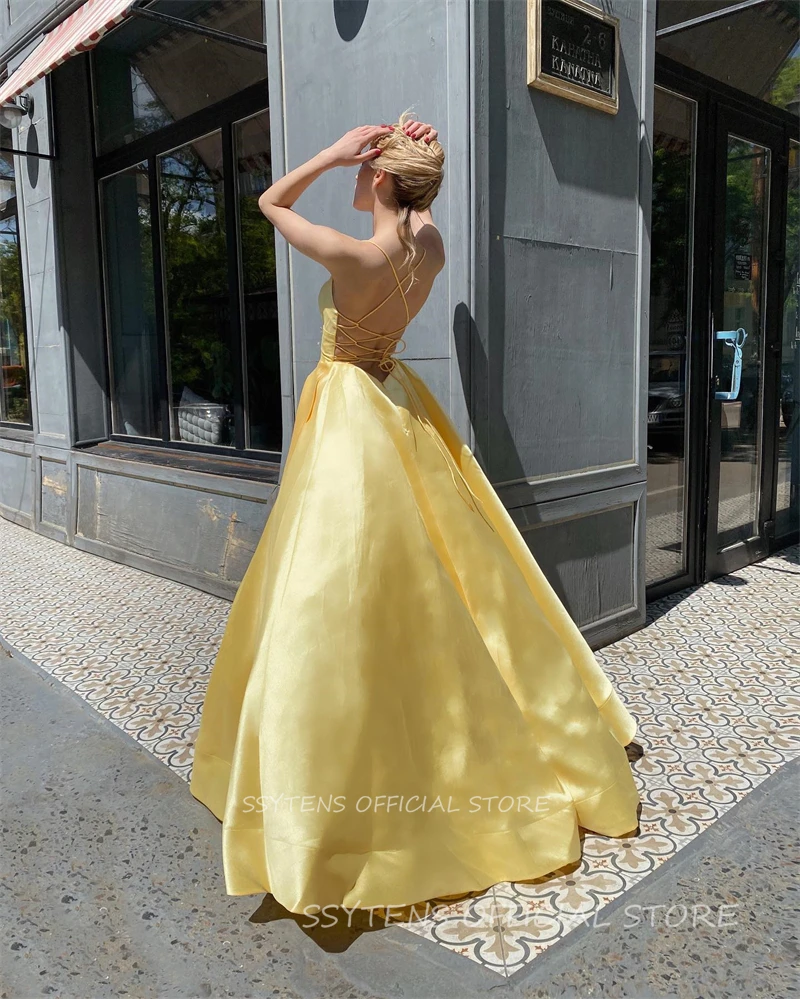 Elegant Yellow Satin Evening Prom Dresses Sparklelong A Line Formal Occasion Dresses Spaghetti Straps Elegant Vestidos De Gala