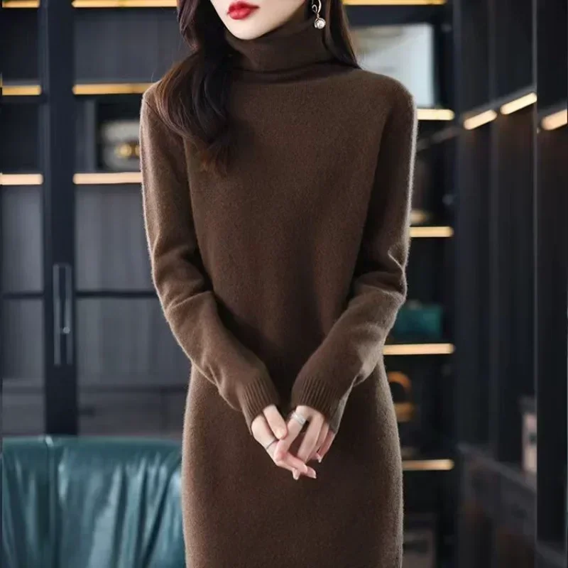 Trendy Womens Dresses Knitted Clothing Crochet 2023 Robe Turtleneck Solid Female Dress Maxi Black Evening Beig Long Sale Thic Xl