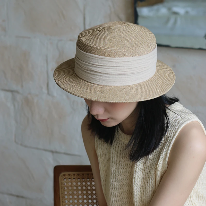 軽量フラットトップ麦わら帽子女性のオリジナル紙草織り屋外旅行日よけ小さなギフト帽子春夏カップルキャップ