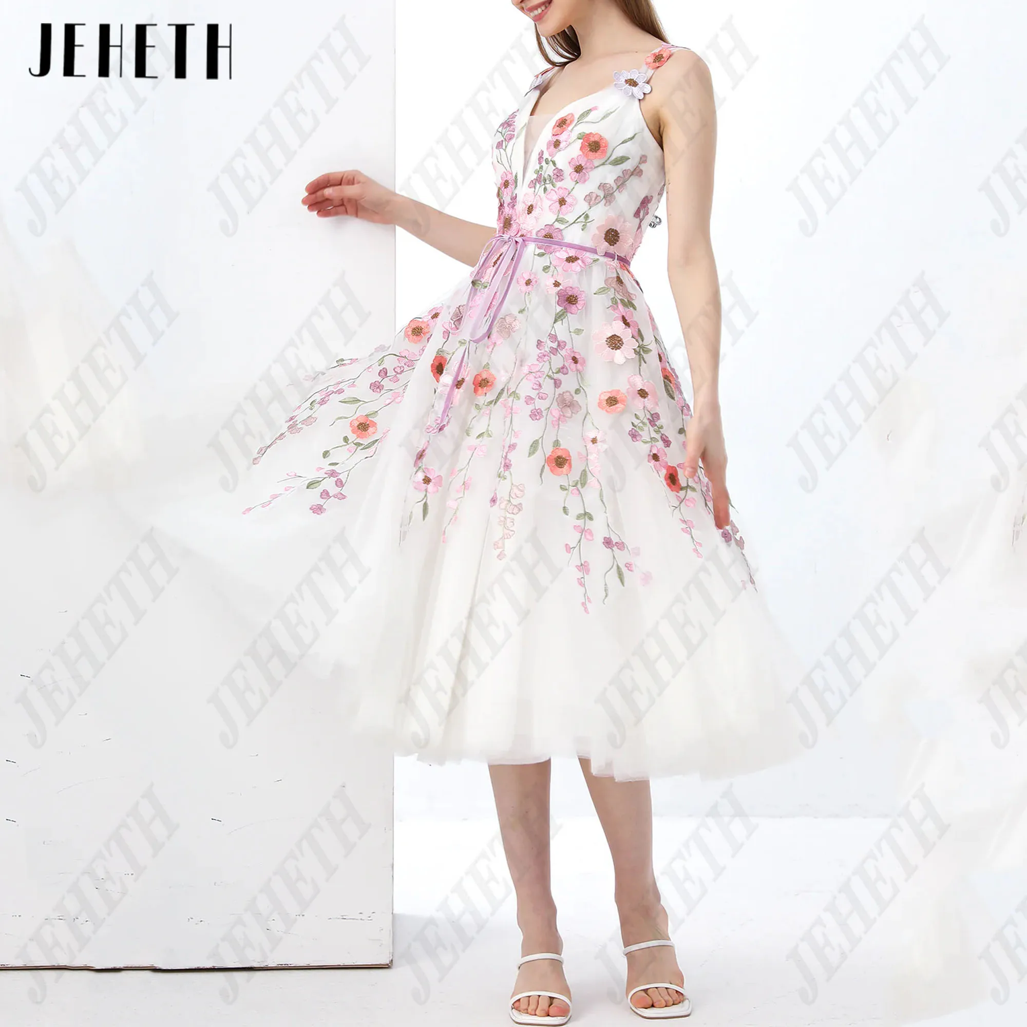 JEHETH Spaghetti Straps Prom Gowns For Girls V-Neck Pink 3D Flowers Sleeveless Tea-Length A-Line Backless Vestidos De Festa