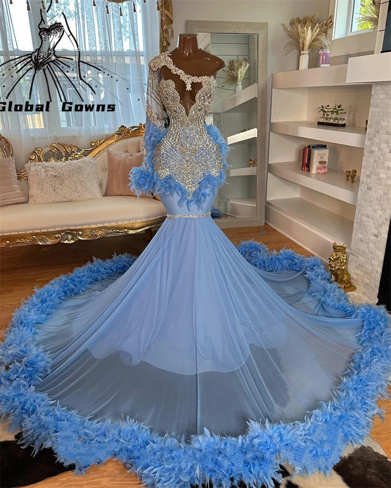 Silver Bead Diamonds Blue Evening Dresses One Sleeve Feathers Glitter Crystal Prom Dress Mermaid Birthday Party Gowns Customized