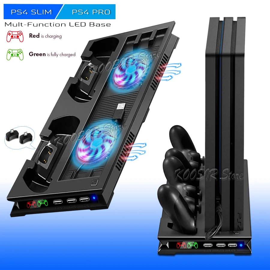 PS4 PRO SLIM Game Console Vertical Cooling Fan Stand 2 Gamepad LED Charging Station 3 HUB For Sony Playstation PS 4 Accessories