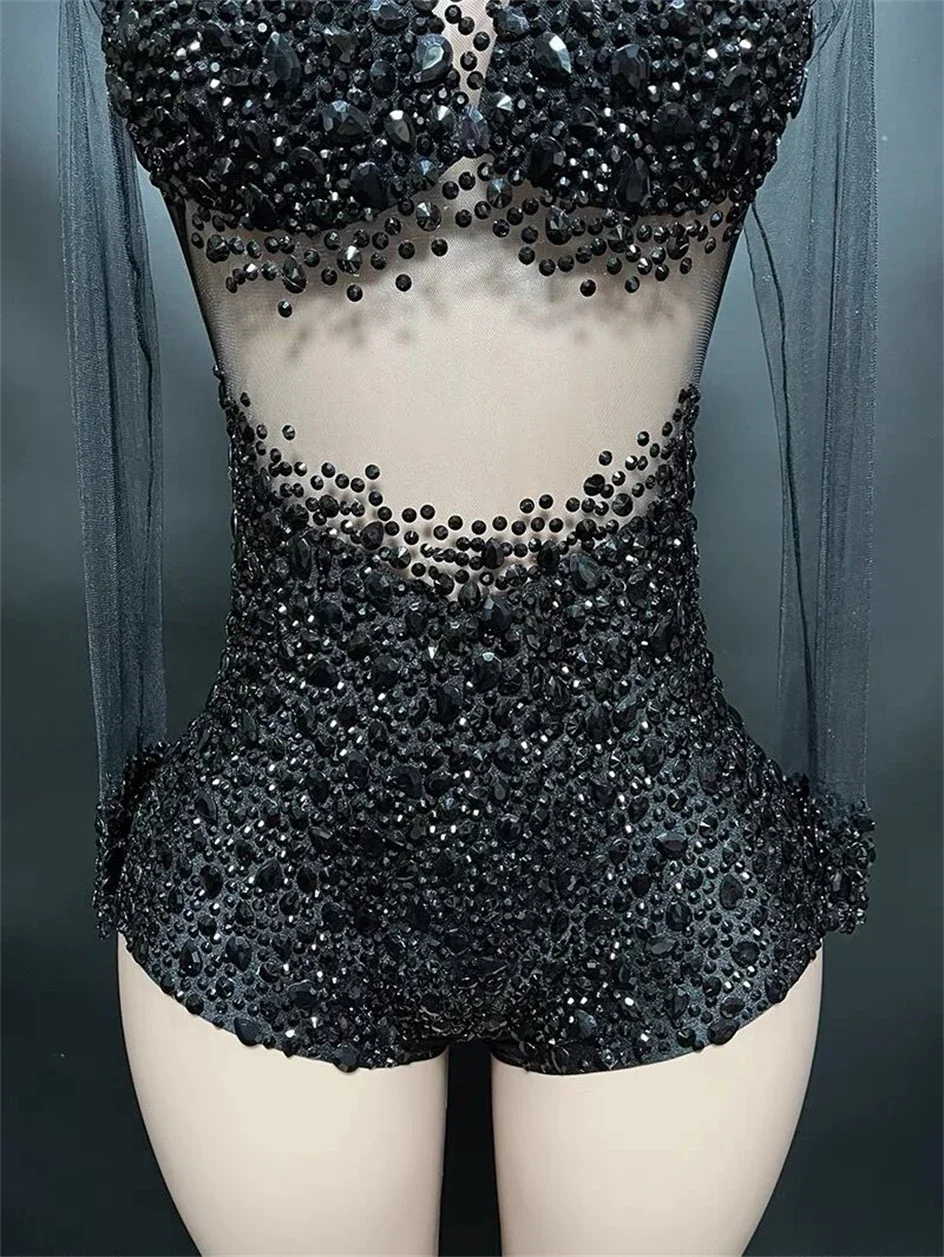 Nightclub Singer Dancer Stage Playsuits Luxury Crytrals Black Sexy See Through Mesh Bodysuit Evening Party Performance Costume