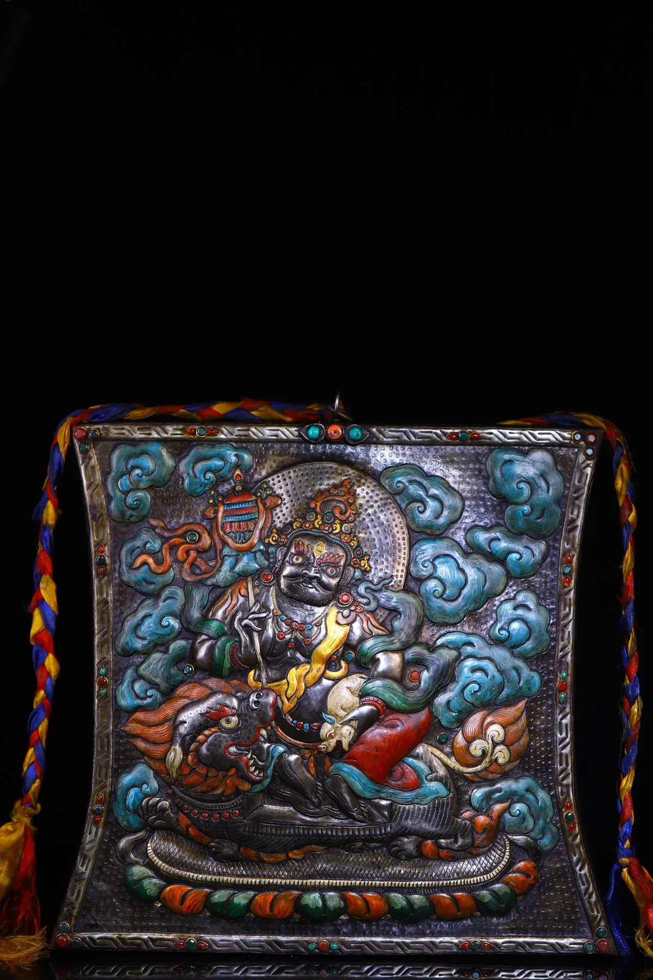 

16"Tibetan Temple Collection Old Tiantie Painted Mosaic Gem Vaisravana Treasure King Buddha Thangka Worship Hall Wall hanging