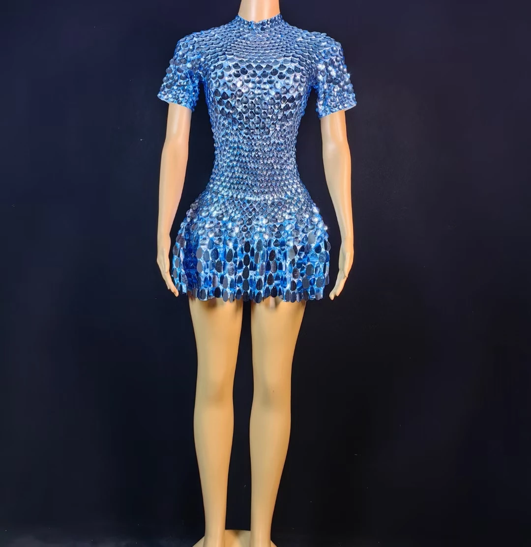 

Beike Women Sparkly Shell Sequins Bodysuit Mini Dress Spandex Pleated Dress Celebrate Party Dancer Stage Show Classic Outfit