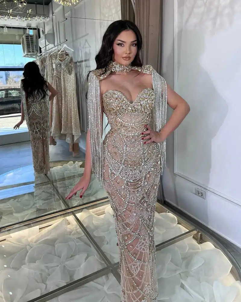 섹시한 하이넥 크리스탈 프롬 드레스 반짝이는 라인스톤 이브닝 드레스 맞춤형 바닥 길이 비즈 파티 가운
