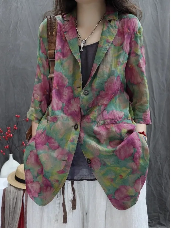 بدلة نسائية كلاسيكية من القطن والكتان Jaet صيف 2025 مطبوعة بالزهور فضفاضة تناسب متعددة الاستخدامات ملابس مكتب طويلة قابلة للتنفس