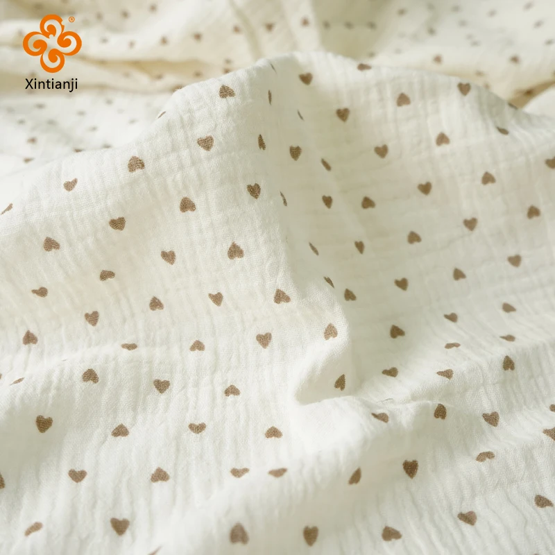 0.5m/1m/2m Soft Khaki Heart Print Double Crepe Gauze Fabric 100% Cotton Fabric DIY Sewing Clothing Baby Breathable Texture