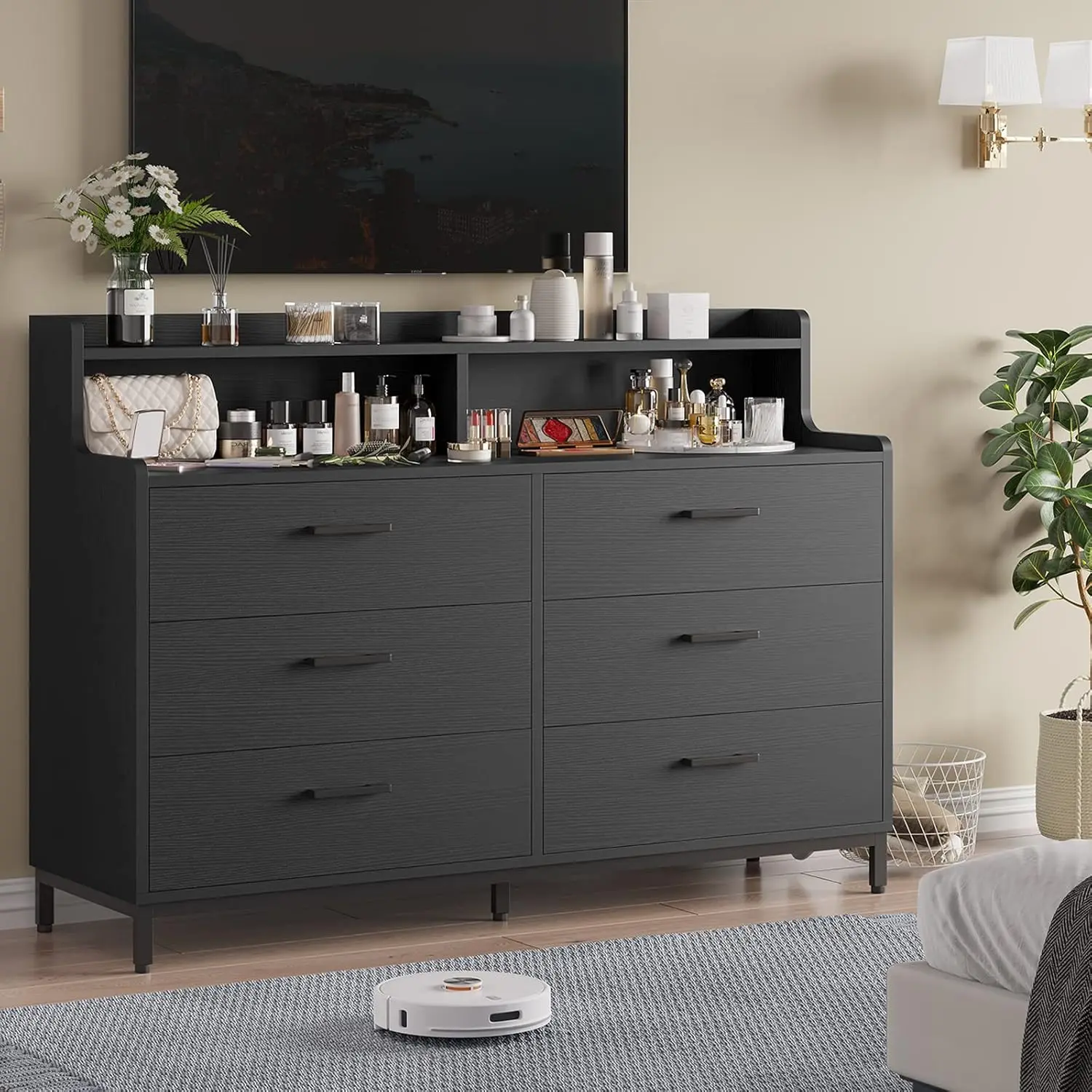 Black Dresser for Bedroom with 6 Drawers and Storage Shelves, Wide Chest of Drawers with Sturdy Steel Legs, Large Wooden Storage