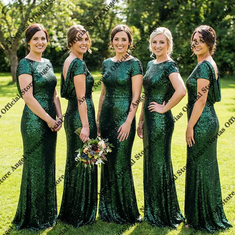 

Green Mermaid Sequins Mermaid Bridesmaid Dresses with Sleeves Maid of Honor Gown Vestido Madrinhas Casamento