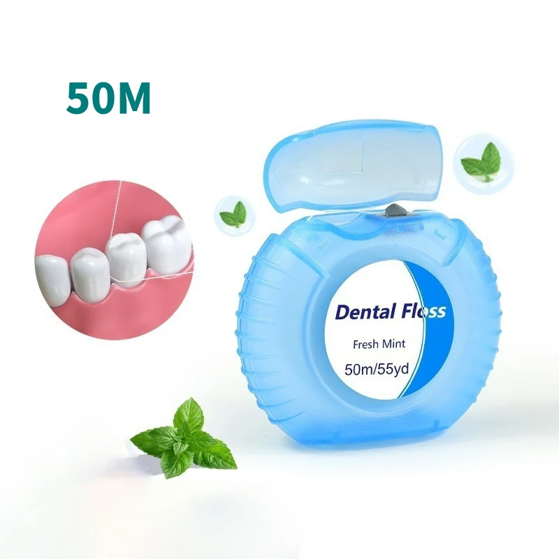 Hilo Dental con sabor a menta, hilo Dental de 50m, cera para Limpieza de dientes, higiene bucal, 1 rollo