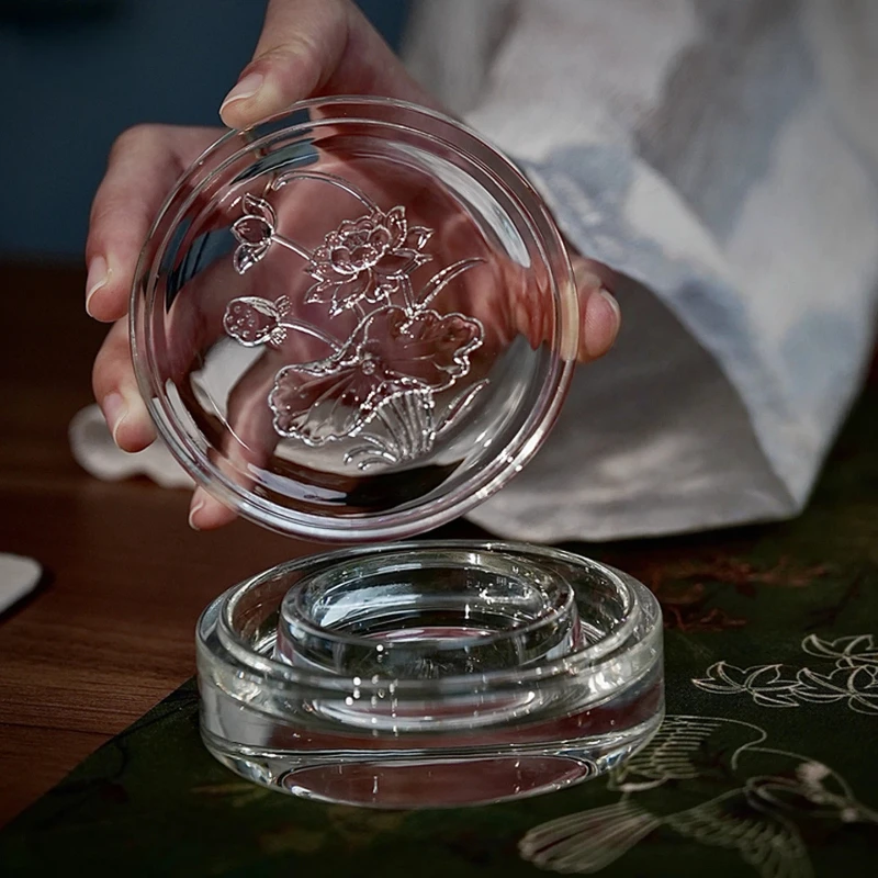 Transparent Glass Hot Pot Inkstone Lotus Relief Pattern Covered Moisturizing Ink Dish For Chinese Calligraphy Painting Supplies