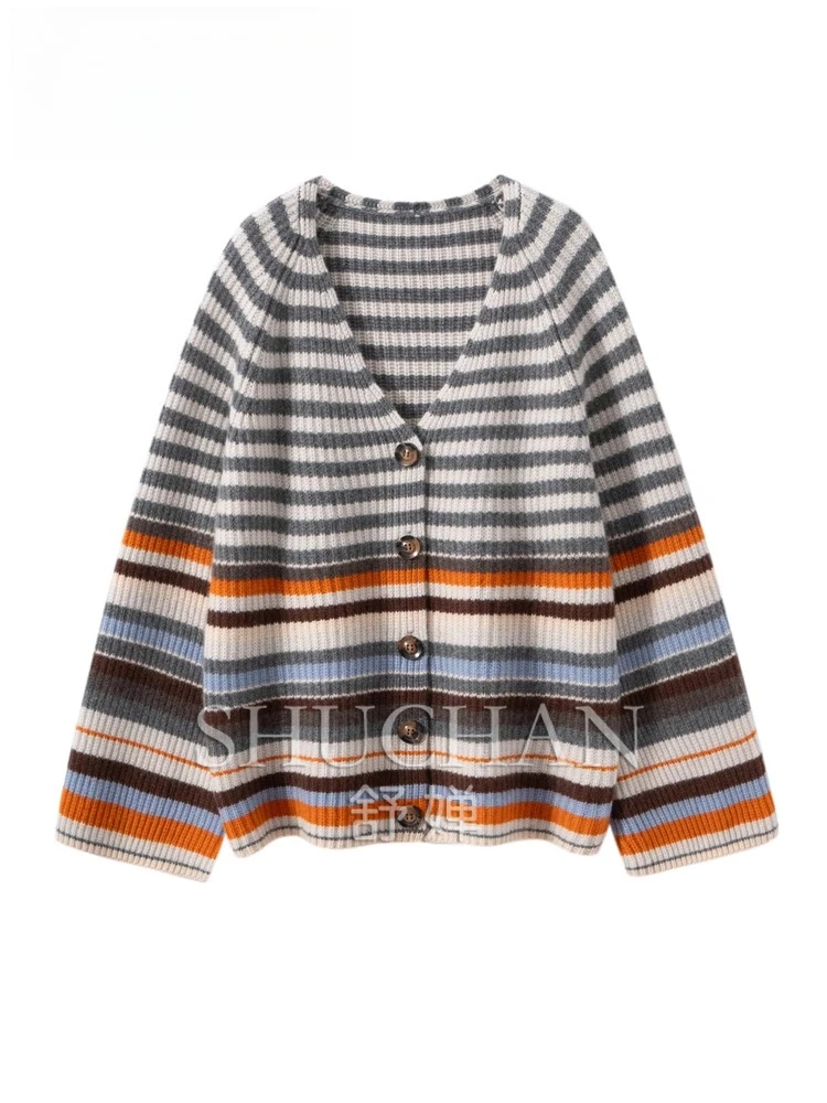 

100 чистых кашемировых свитеров, женский высококачественный вязаный кардиган в полоску с v-образным вырезом, 480 г Sueter Mujer Invierno