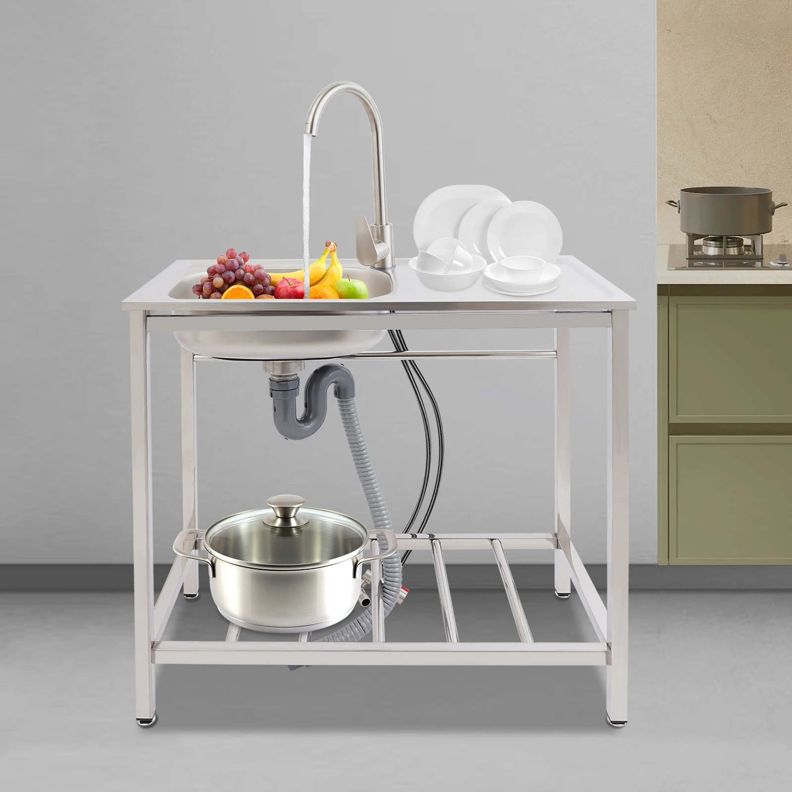 Komplettes Freistehendes Edelstahlspül-Set (enthalts Wasserhahn+Warm/Kaltwasserleitungen+Handschuhe) – Moderner Stil