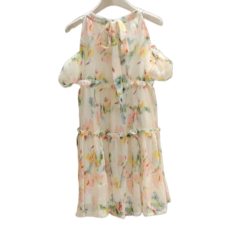 

Summer New Chiffon Women O-Neck Fresh Floral Printed Dress Off Shoulder Loose Waist Gentle Sweet Cozy Chic Korean Style Vestidos